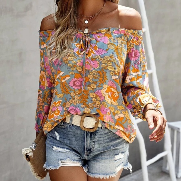 032 Boho Orange Floral Print Off Shoulder Blouse - Picture 2 of 7